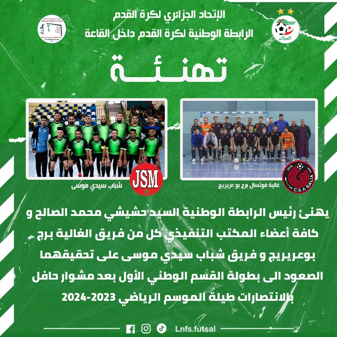 رئيس الرابطة الوطنية يهنئ الفرق الصاعدة الى القسم الاول
